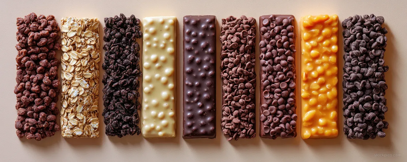 Assorted protein and oatmeal bars laid in a row on a light brown chocolate background.