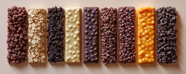Assorted protein and oatmeal bars laid in a row on a light brown chocolate background.
