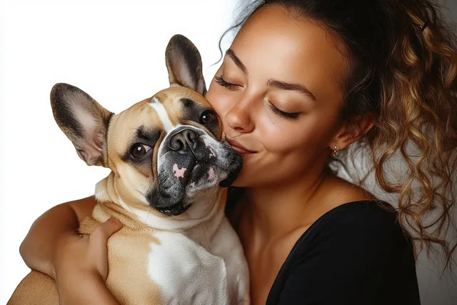 Young woman hugs and kisses a tan and white French bulldog against a plain white background.