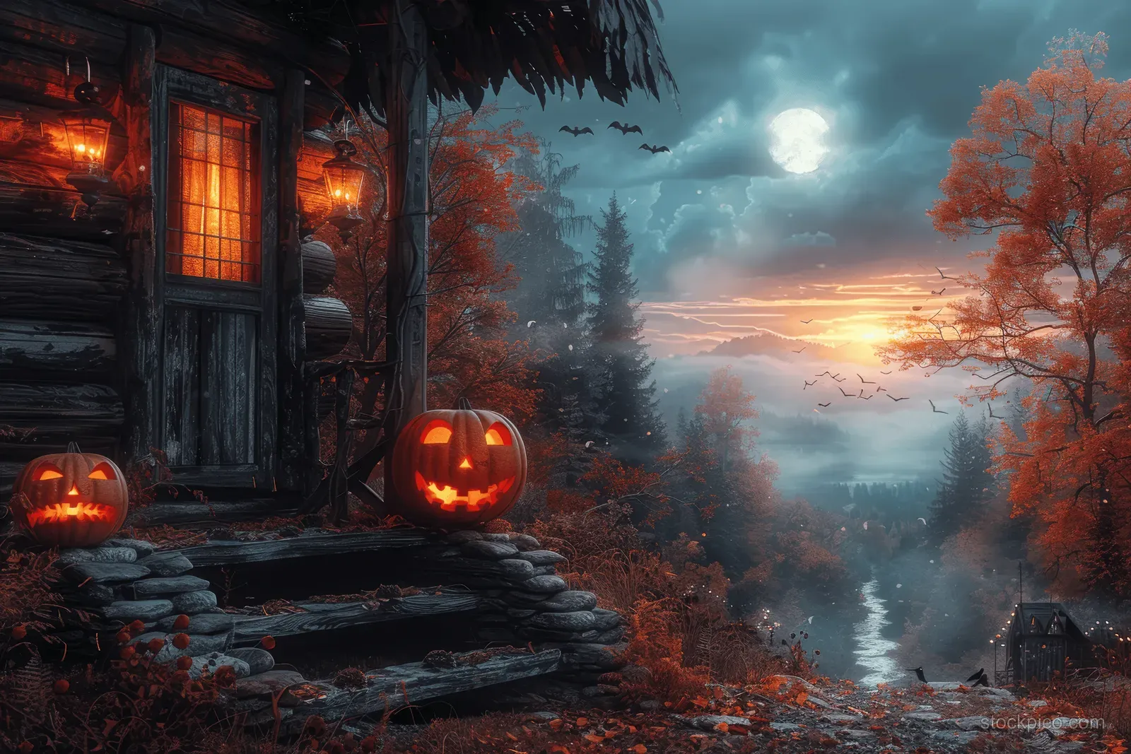 Carved pumpkins and lanterns light a wooden cabin porch beside a misty river under a moonlit sky with bats.