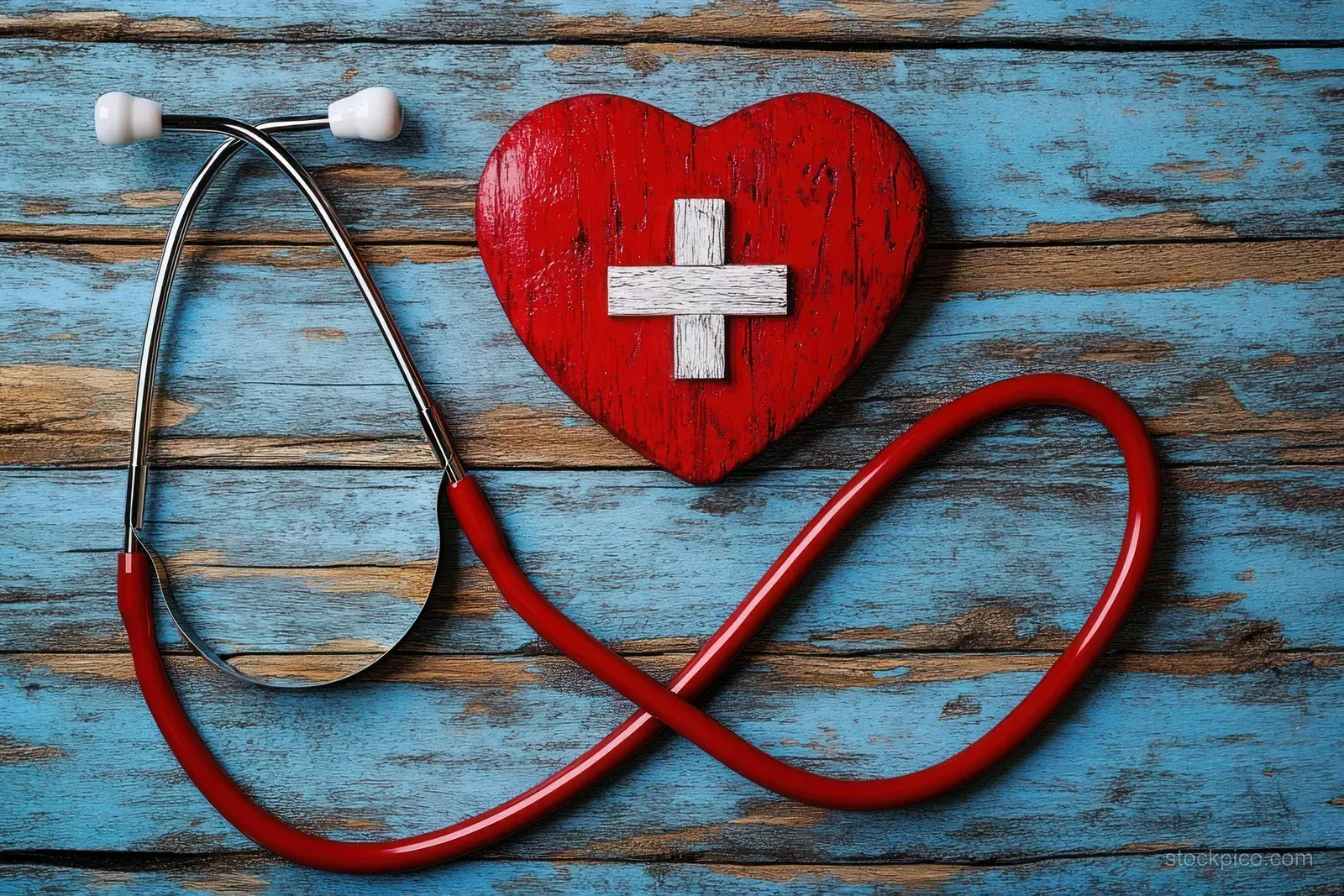 A red heart with a white medical cross lies beside a stethoscope on rustic blue wooden planks.