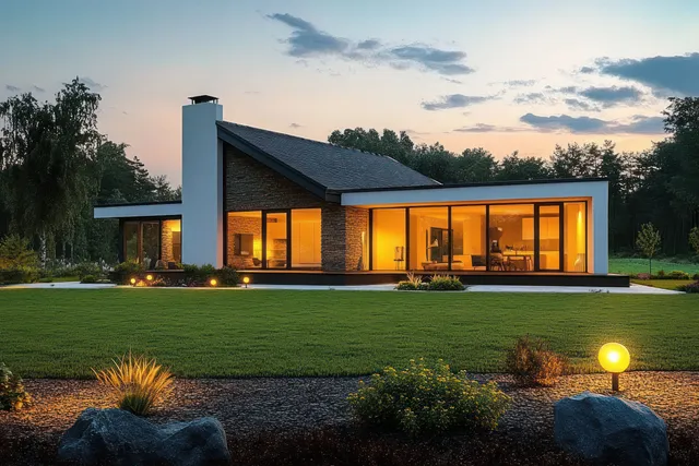 Warmly lit modern single-story house with large glass windows at dusk, with lawn, rocks, shrubs, and trees under cloudy sky.