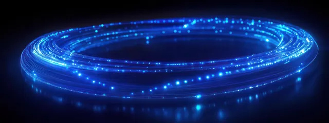 Futuristic abstract design with glowing blue light trails and a galaxy-like vortex, showcasing fiber optic lines and digital depth.