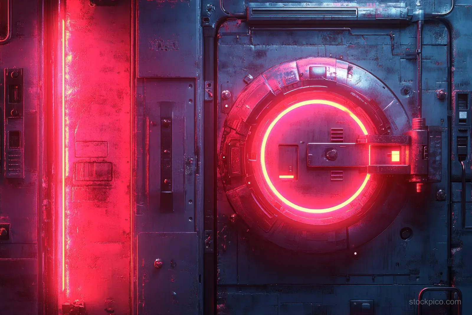 Neon red futuristic door lock mechanism glowing inside a metal security panel with a central circular access ring.