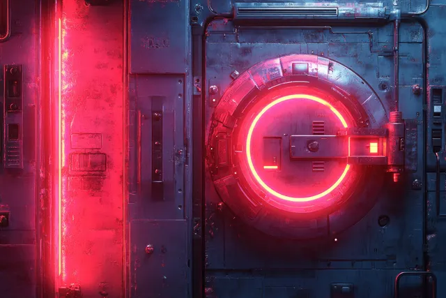 Neon-lit futuristic digital door lock with touch keypad mechanism inside a metal panel