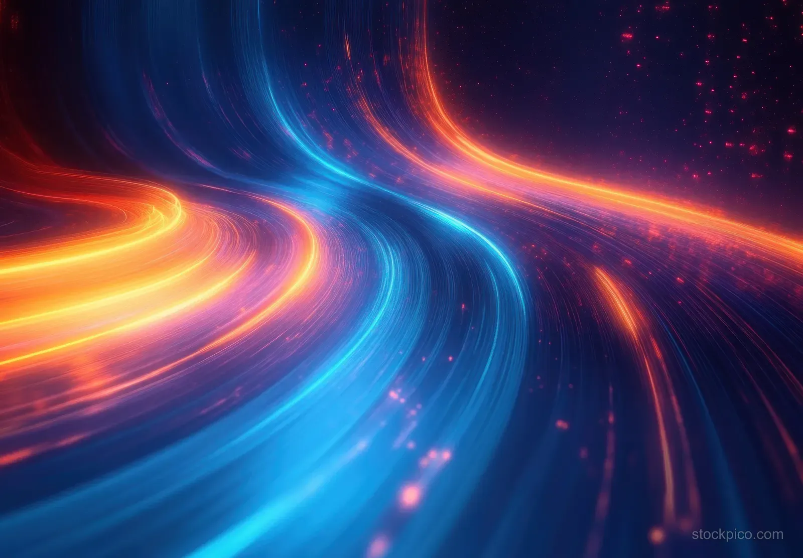 Curved neon light trails in blue and orange sweep through a dark abstract tech scene with glowing particles.