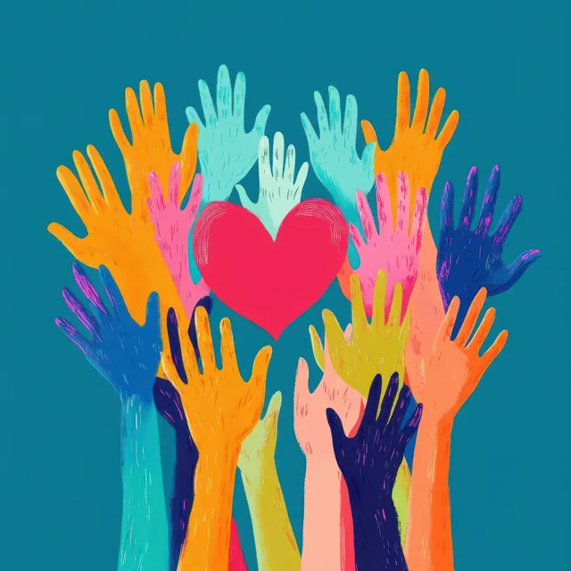 Colorful hands reaching upward around a central red heart on a blue background