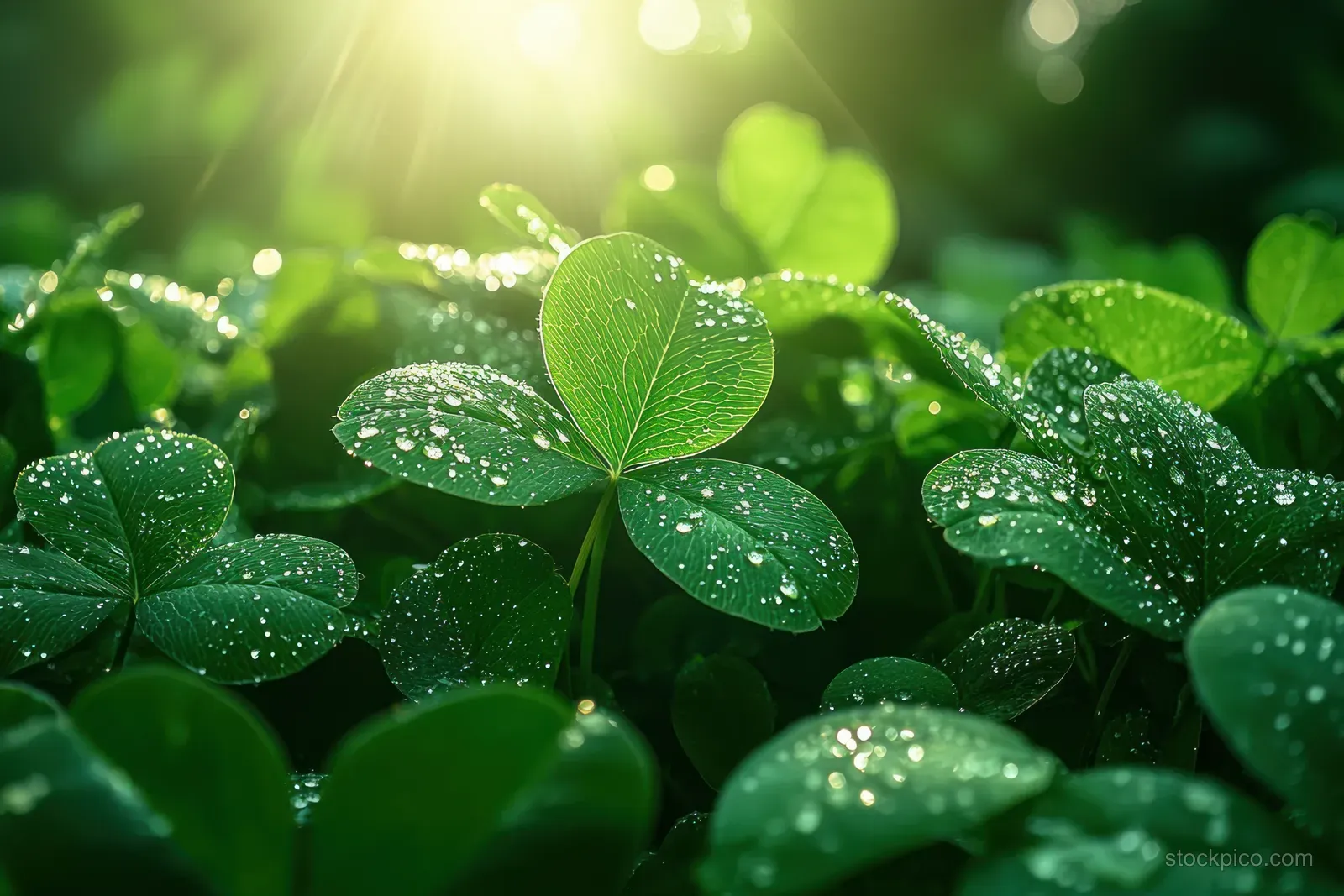 Green clover leaves with water droplets in soft sunlight, with a blurred natural background.