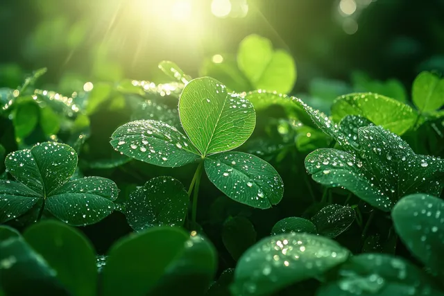 Green clover leaves with water droplets in soft sunlight, with a blurred natural background.