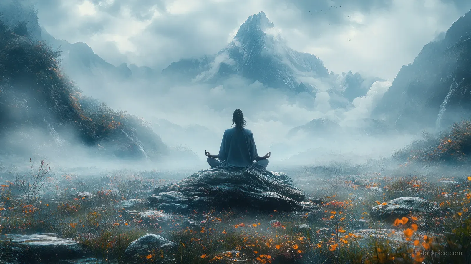 A person meditates on a rock at a misty mountain summit with wildflowers and distant peaks.