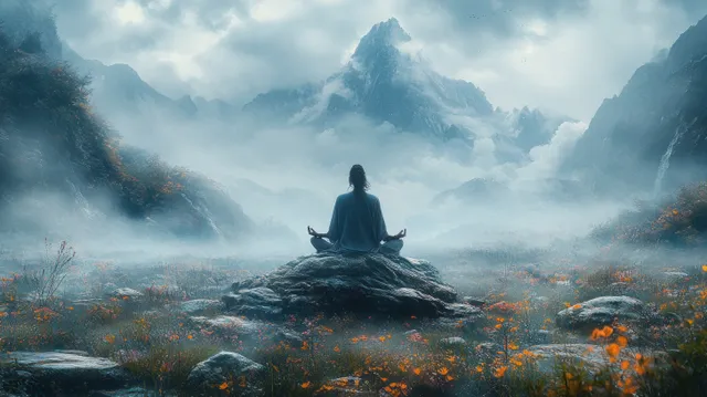 Person meditating on a rocky summit, misty mountains and wildflowers behind