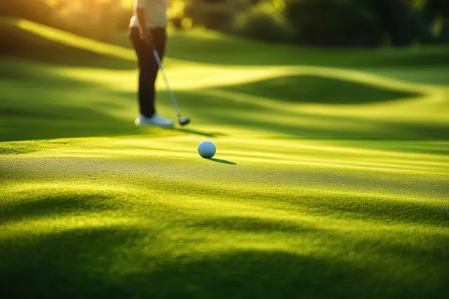 A golf ball sits on a sunlit putting green with a blurred golfer preparing to putt behind it.