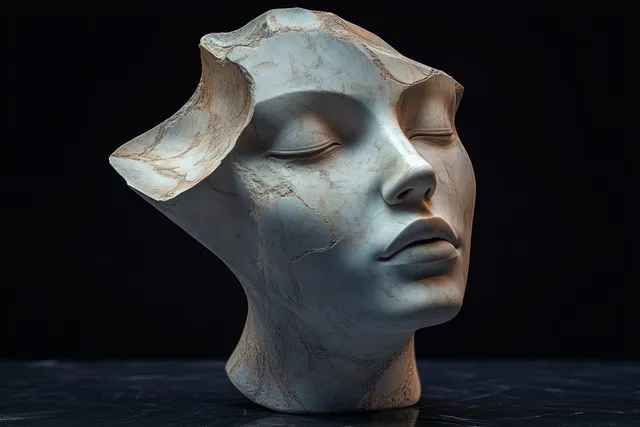 Fragmented classical marble half-face bust rests on a dark studio floor under dramatic lighting and shadows.