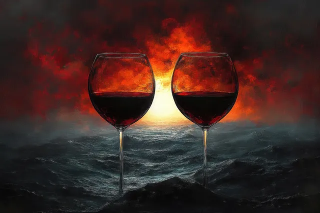 Two red wine glasses filled with dark red liquid stand in ocean water beneath a fiery orange sunset.
