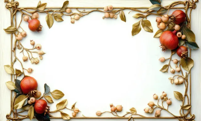 Marco ornamental de hojas doradas con granadas rojas y bayas blancas que rodea un fondo claro en blanco.