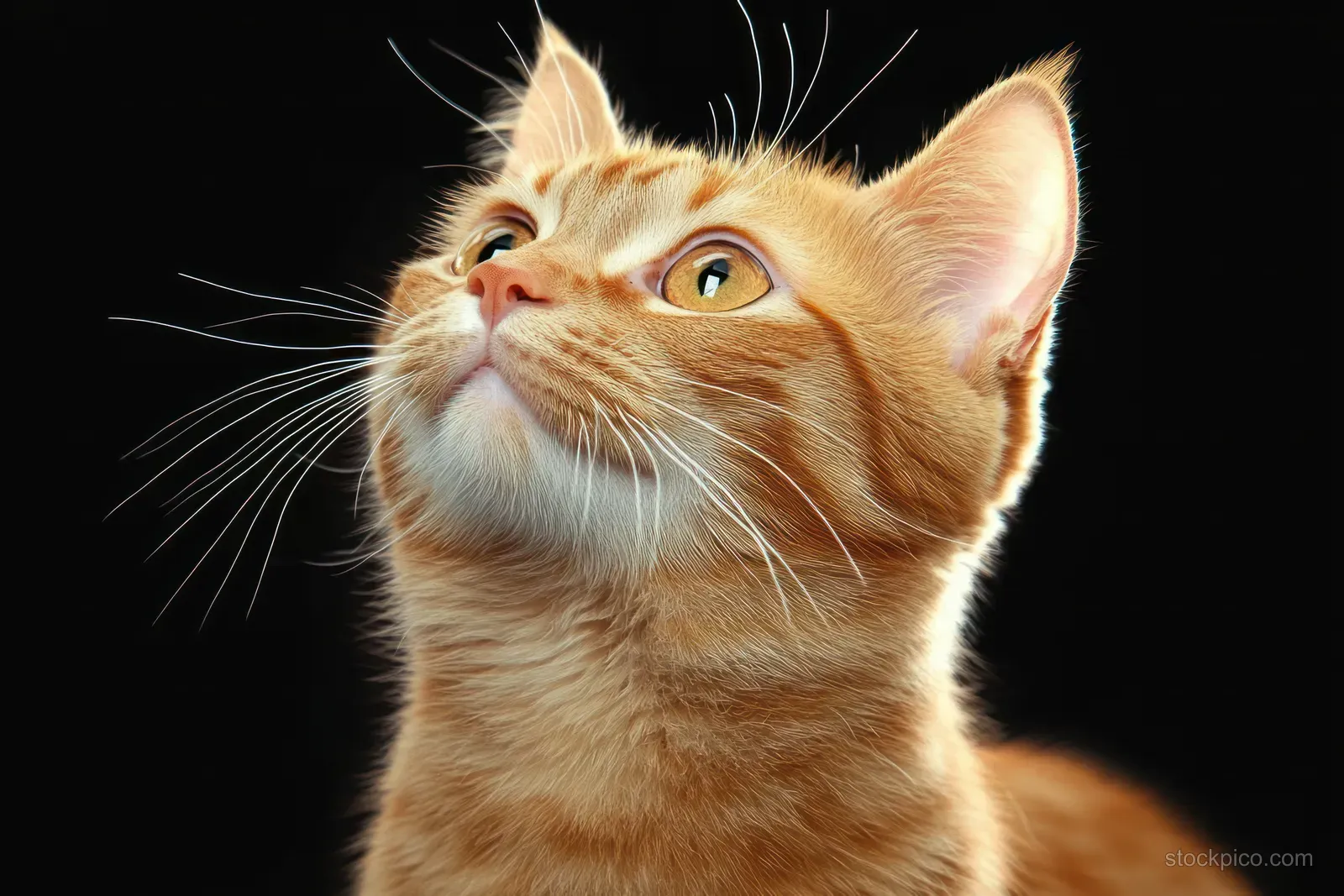 Orange tabby cat with perked ears looks upward against a black background, showing whiskers and bright eyes.