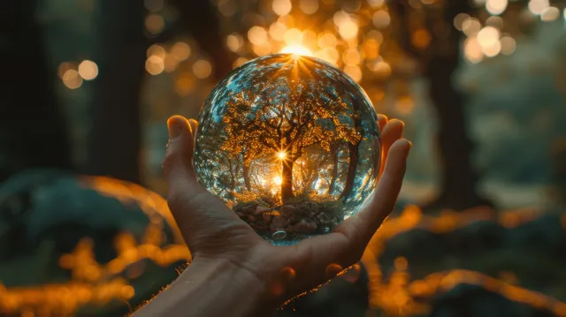 Hands hold a glass globe with a glowing tree inside in a sunlit forest with bokeh lights.