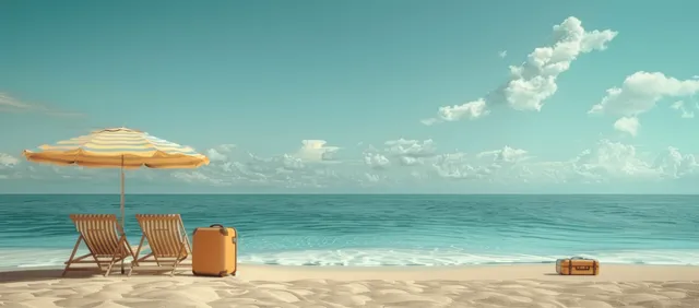 Escena de playa 3D de dibujos animados con sombrilla a rayas, sillas y una maleta sobre la arena junto al océano.