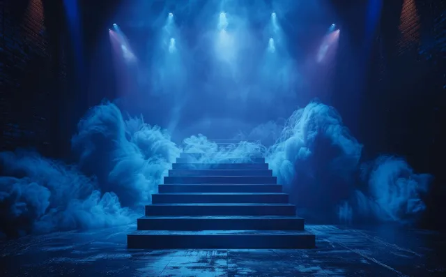 Dark club stage walkway with blue spotlights, smoke clouds, and illuminated steps