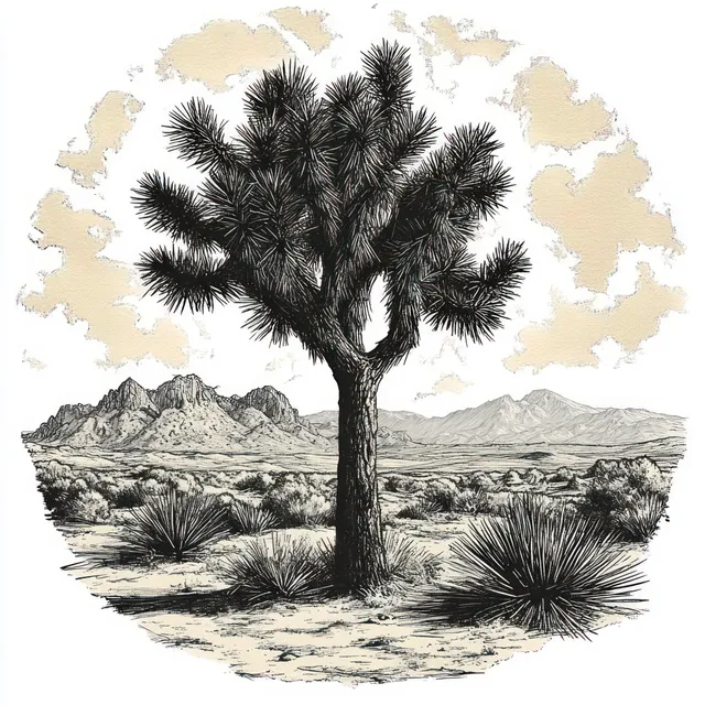 Black and white illustration of a lone Joshua tree in a desert with distant mountains, shrubs, and cloudy sky.