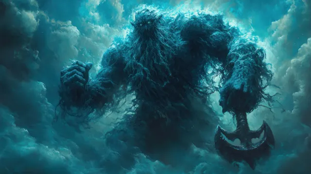 Shark-headed warrior underwater holding a heavy anchor, surrounded by swirling seaweed and dark blue haze.