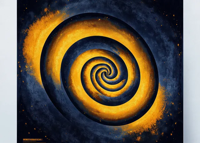 Um vórtice espiral dourado central com anéis concêntricos brilhantes sobre um fundo escuro estrelado.