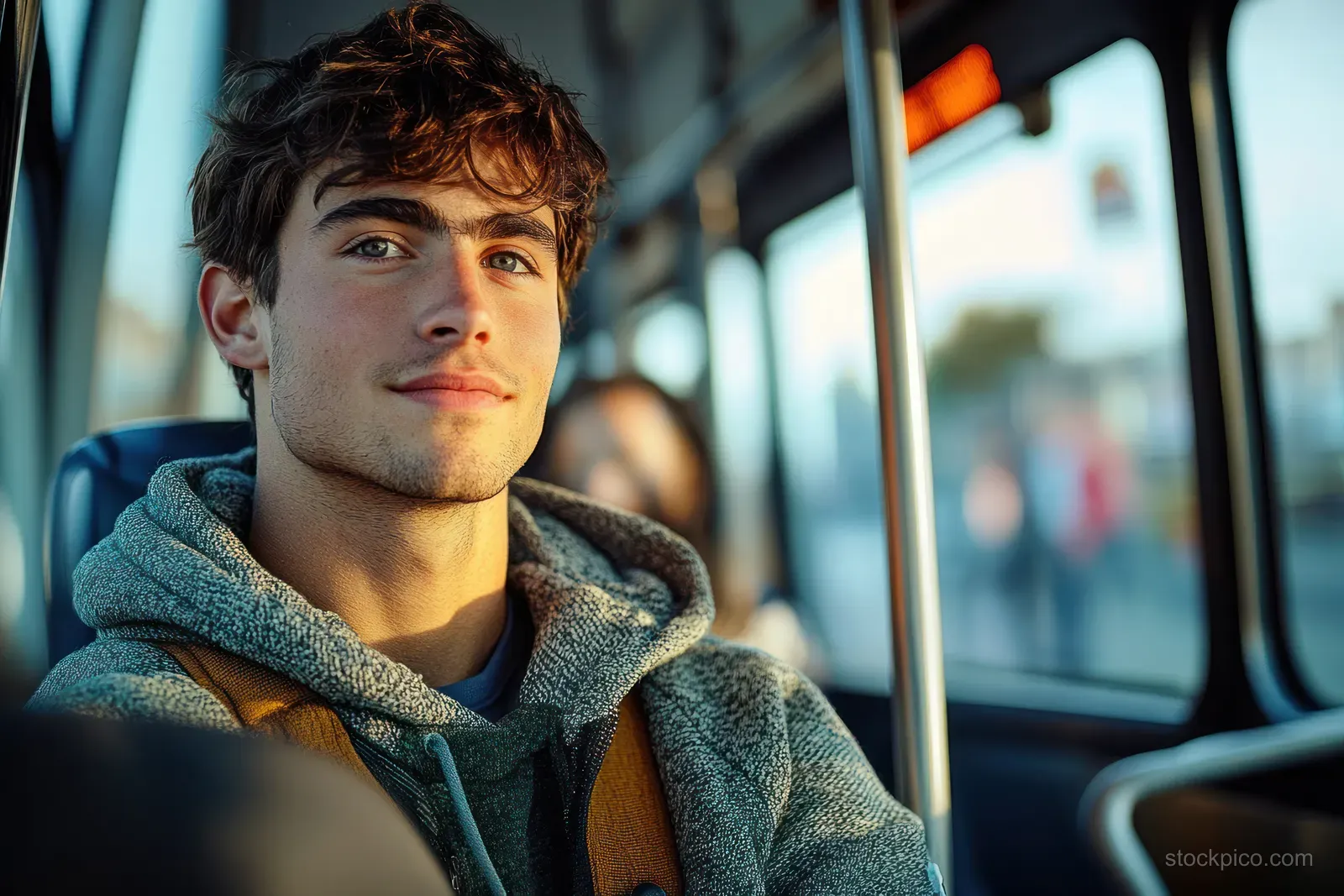 A young man smiles while seated inside a city bus, lit by natural window light.