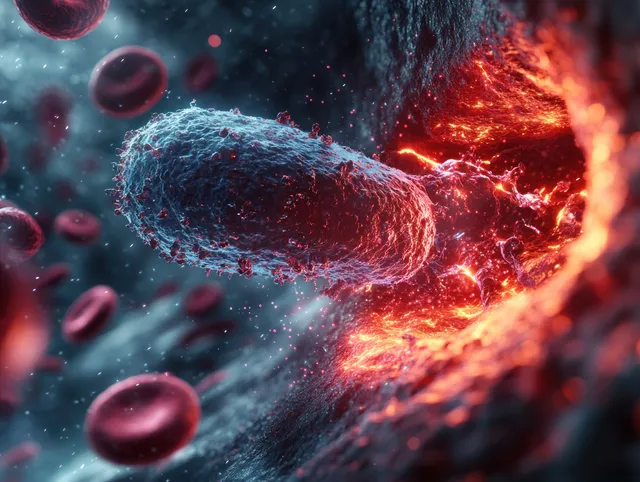 Glowing macrophage cells releasing cytokine signals amid red and white blood cells during a viral infection immune storm.