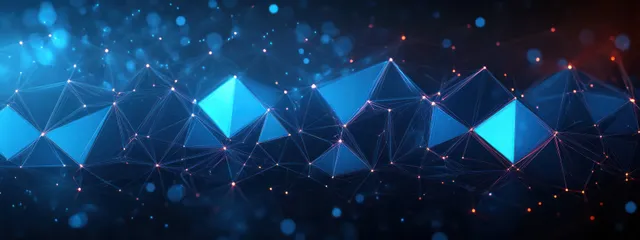Futuristic blue triangular cyber network pattern floating in dark 3D space