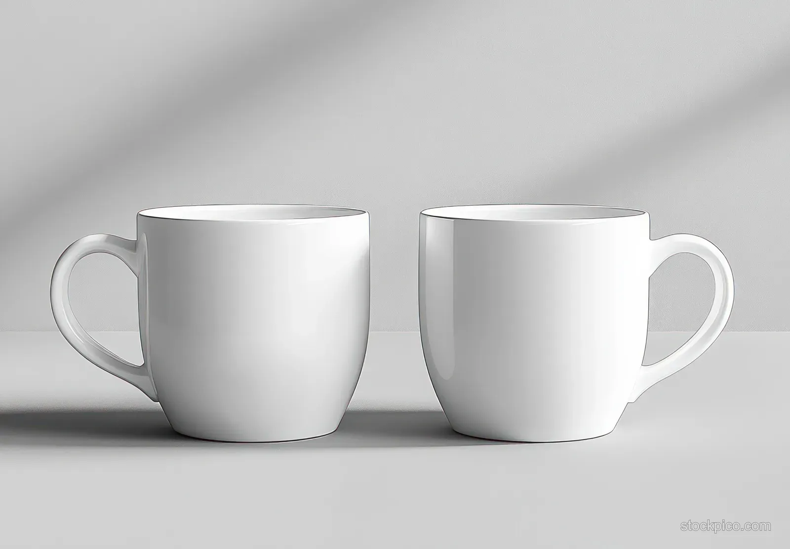 Two empty white porcelain coffee mugs sit side by side on a light gray studio background.