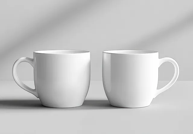 Minimalist still life with two white porcelain coffee mugs on light gray studio background