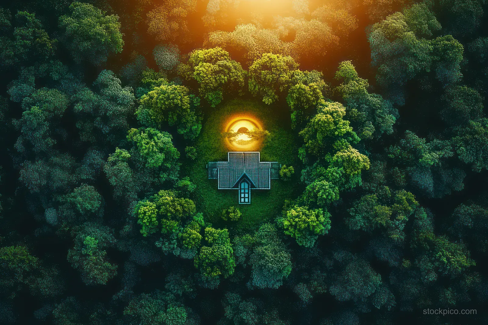 Aerial view shows a lone cottage surrounded by dense green forest with a glowing circular light above.