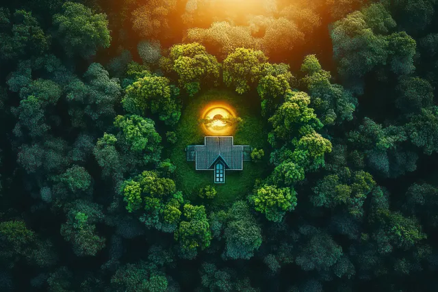 Aerial view of a lone cottage in a dense green forest with a glowing circular sun