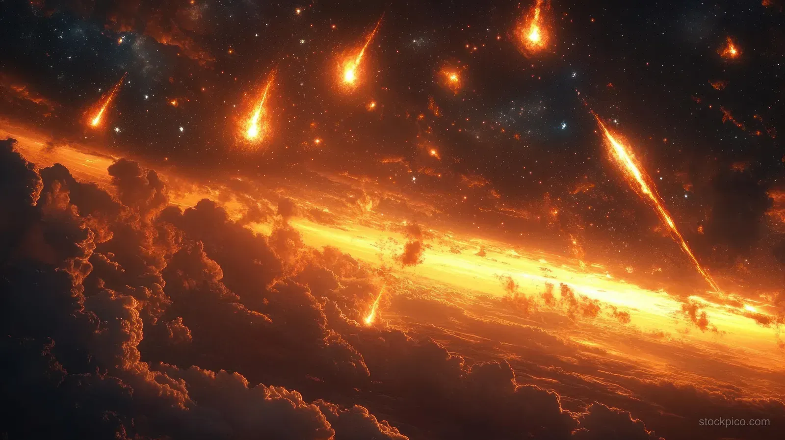 Fiery meteors streak across a twilight sky above a glowing golden horizon.