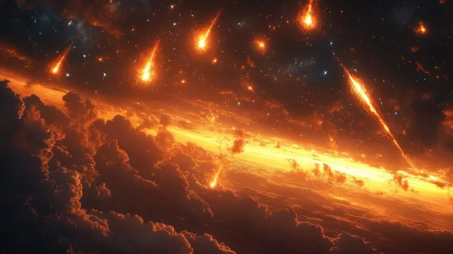 Fiery meteors streak across a twilight sky above a glowing golden horizon.
