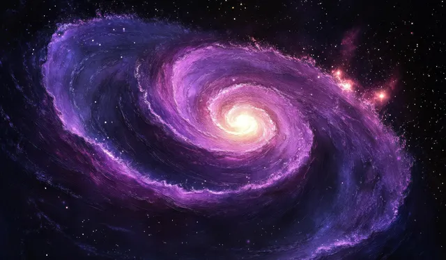 A glowing spiral galaxy with a bright yellow core swirls through purple and pink nebula clouds in a dark starfield.