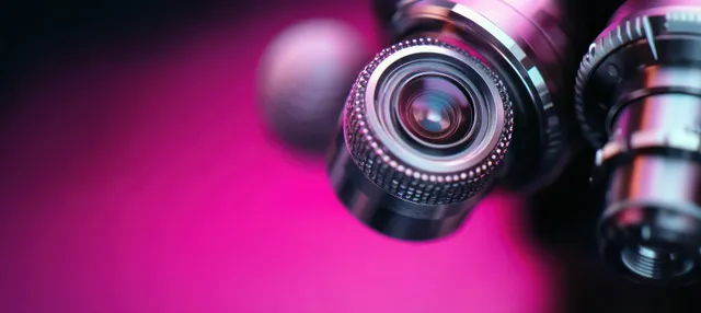 Macro view of microscope lenses with metallic rings reflecting light against a bright pink blurred background.