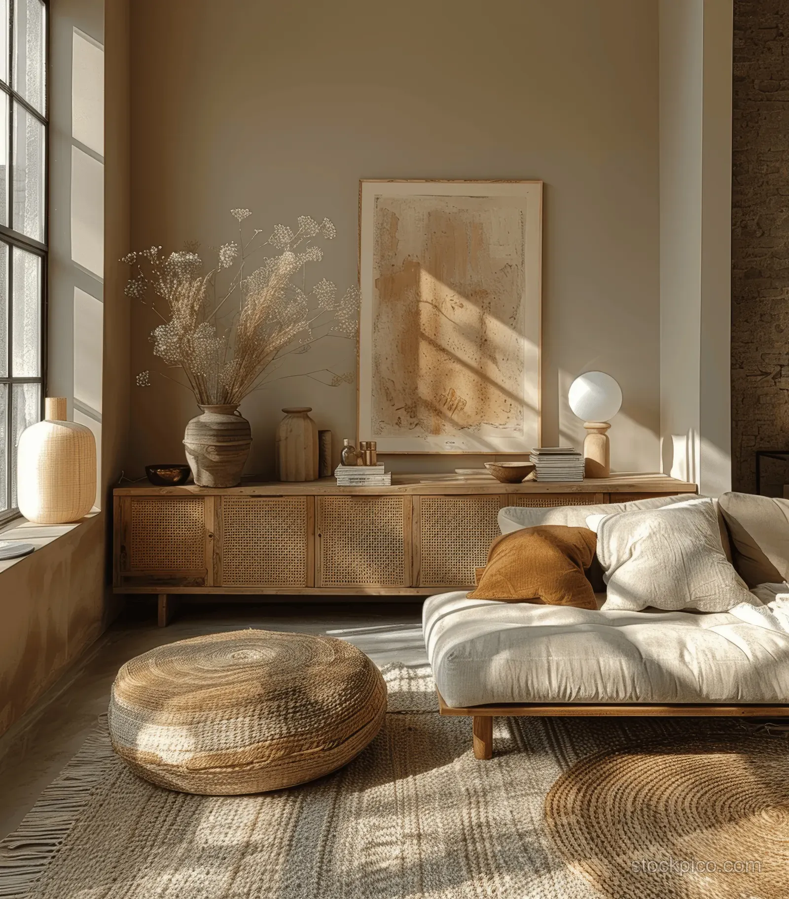 Beige living room interior with a blank poster frame above a wooden sideboard and warm lamps by the window.