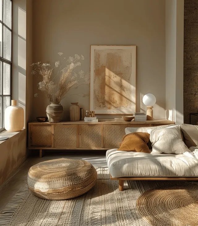 Beige living room interior with a blank poster frame above a wooden sideboard and warm lamps by the window.
