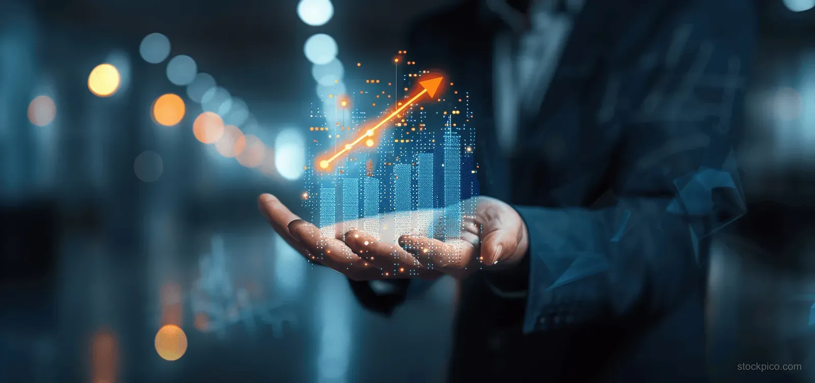 Hands reaching toward a glowing upward investment chart in a dim office with blurred data lights.