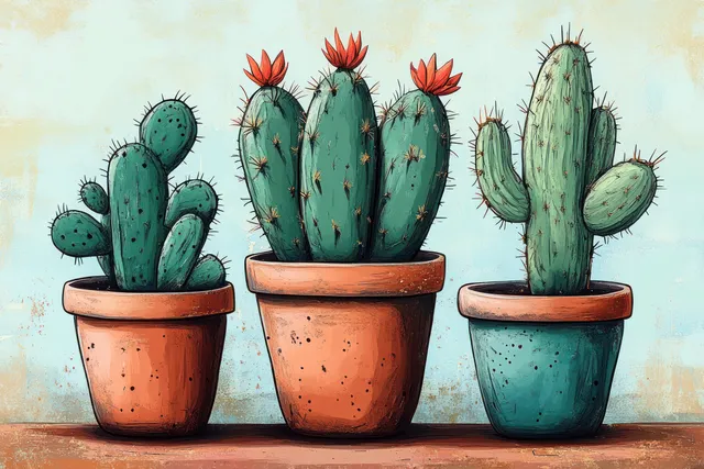 Three potted cacti with red flowers arranged on rustic wooden boards against a textured light background.