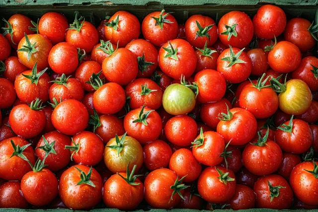 Vibrant still life of ripe tomatoes and cherry tomatoes showcasing rich colors and juicy textures in natural sunlight.