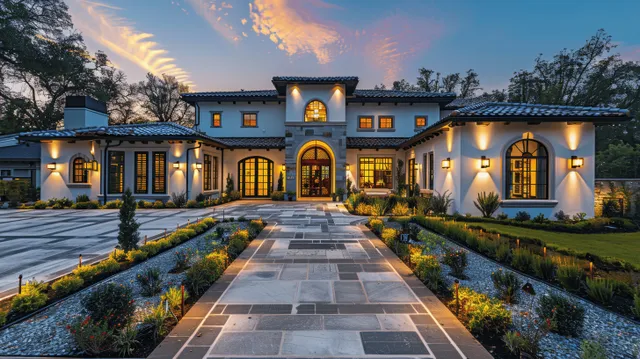 Front view of a Spanish colonial house with white walls, arched windows, and a lit stone walkway at dusk.