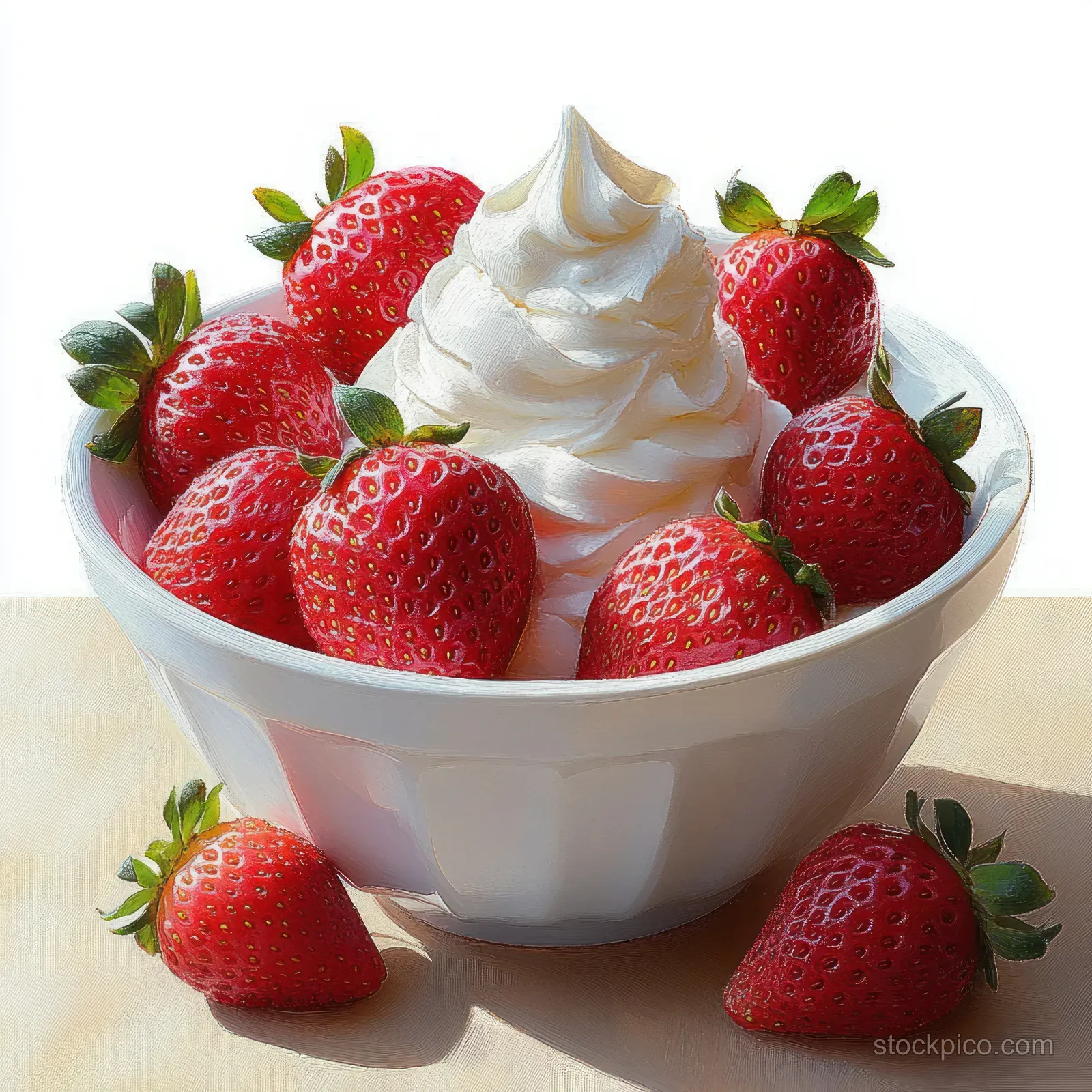 Whipped cream in a white bowl surrounded by ripe red strawberries on a wooden tabletop.