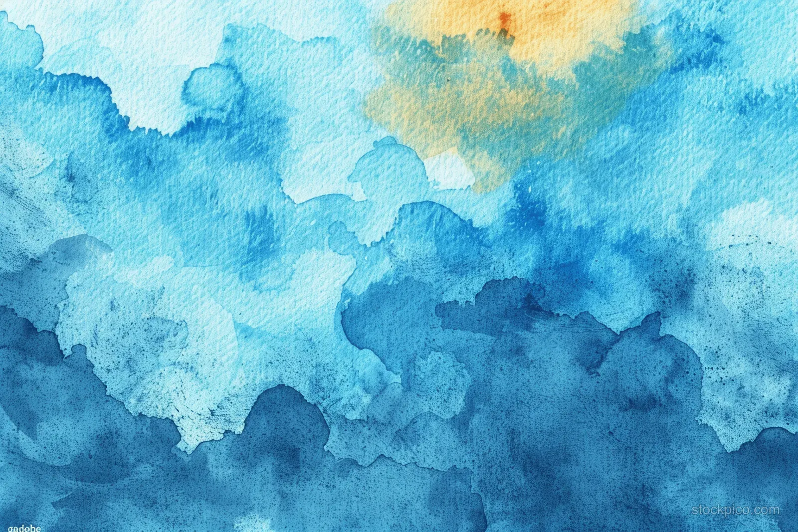 Blue and teal watercolor clouds blend into a textured paper background with soft stains and gradients.