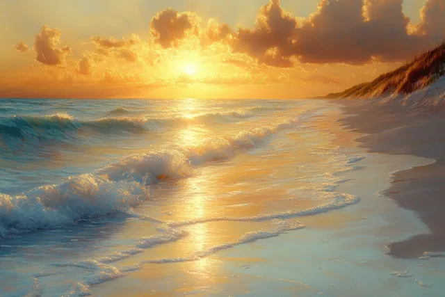 Young Latina woman relaxing on a serene beach at sunset with golden light reflecting on waves.