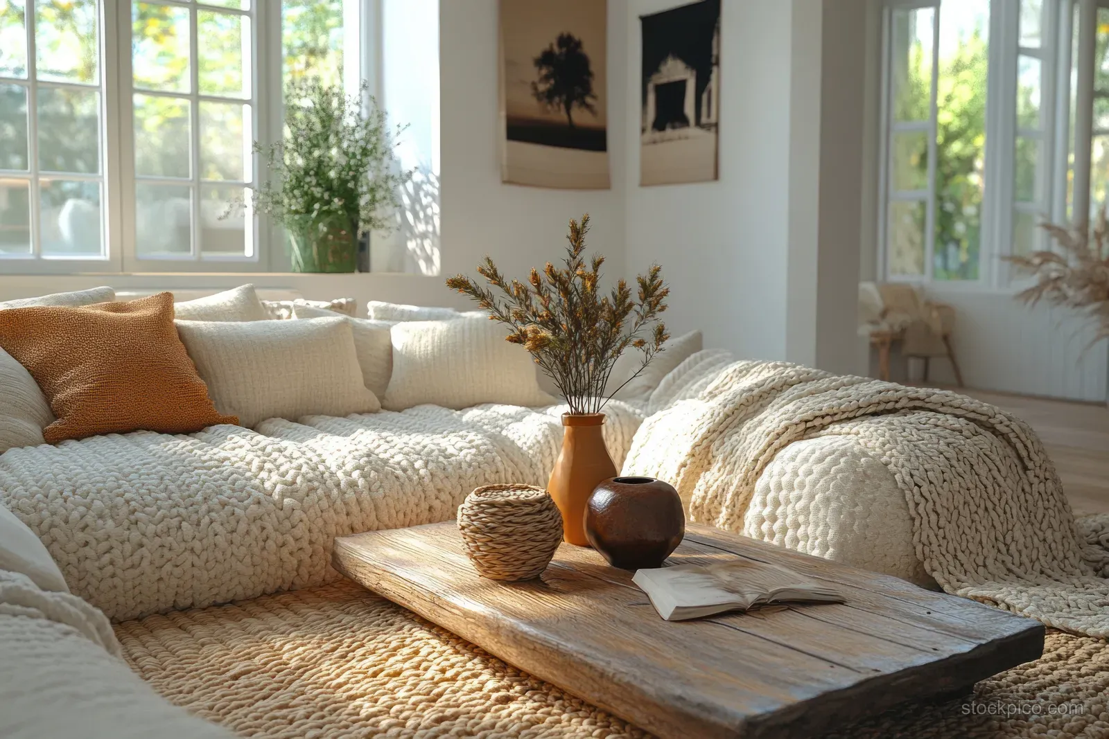 Cream sofa with knitted throws in a bright living room beside a decorated Christmas fireplace mantel.