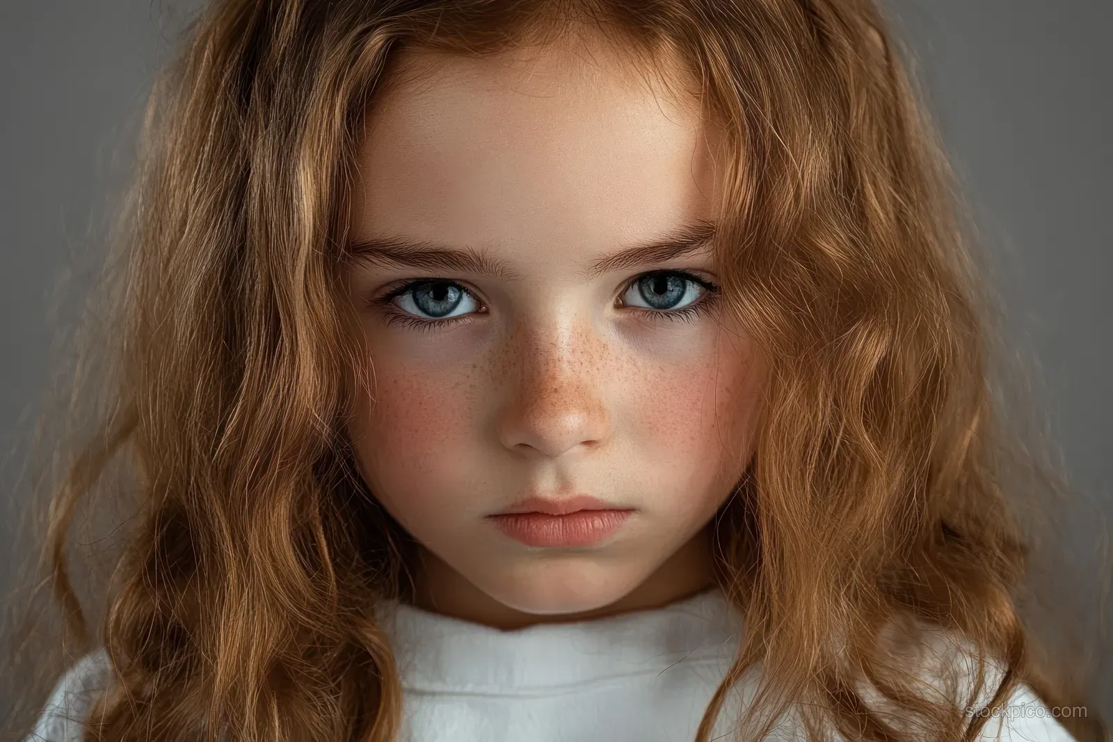 Close-up portrait of a young girl with blue eyes, freckles, and long wavy red hair wearing a white top against a neutral background.