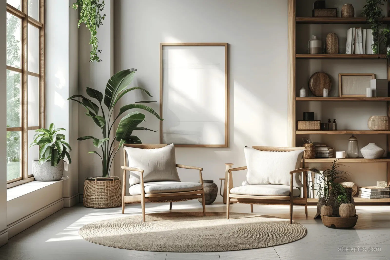 Sunlit Scandinavian living room with armchairs, a wood shelf filled with books, and a blank framed poster mockup.