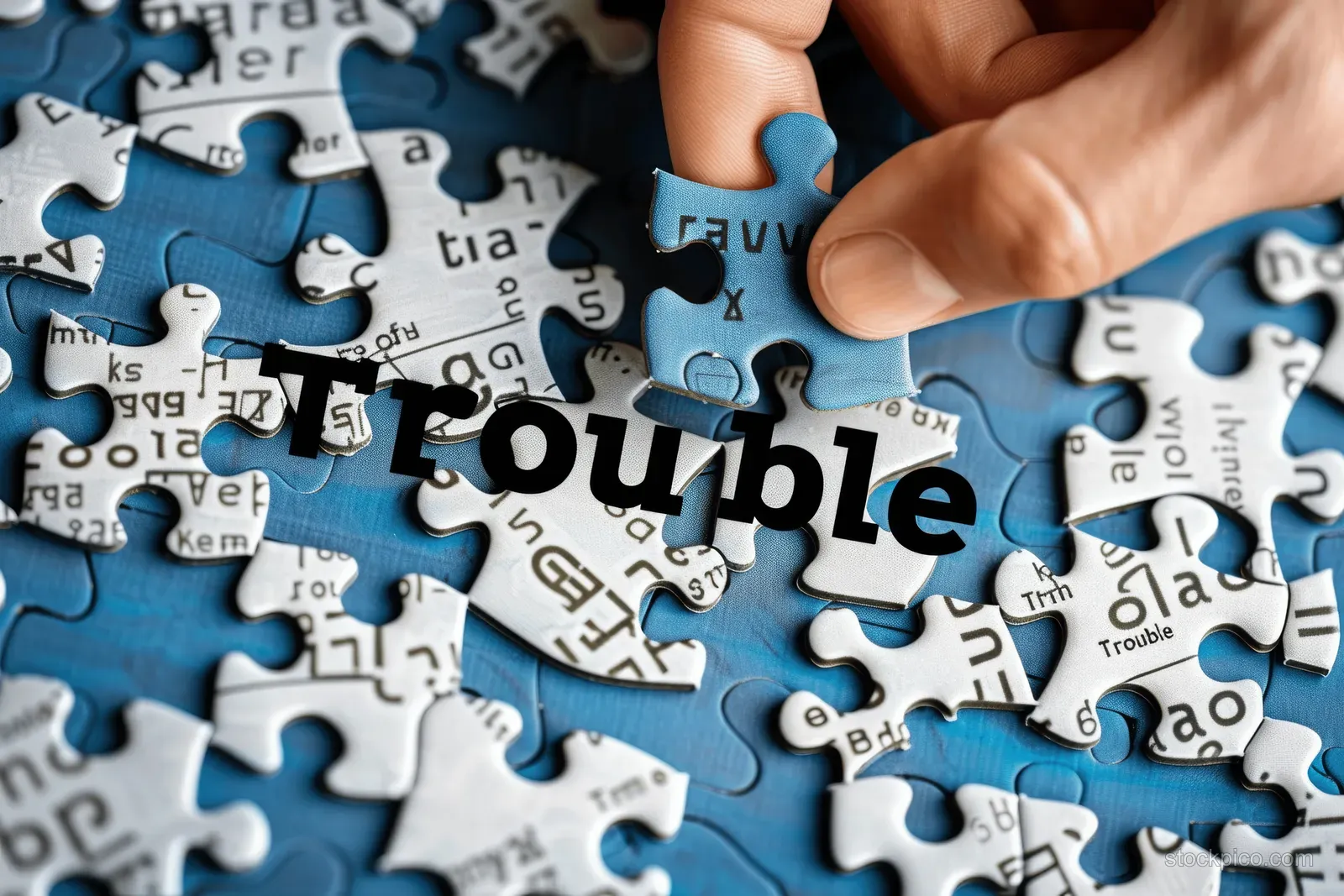 A hand inserts a blue jigsaw puzzle piece into a puzzle with problem-related text in the background.